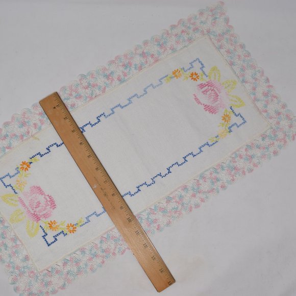 Cross Stitch Shelf Dresser Centerpiece Scarf Rectangle Floral Hand Embroidery - Picture 6 of 10